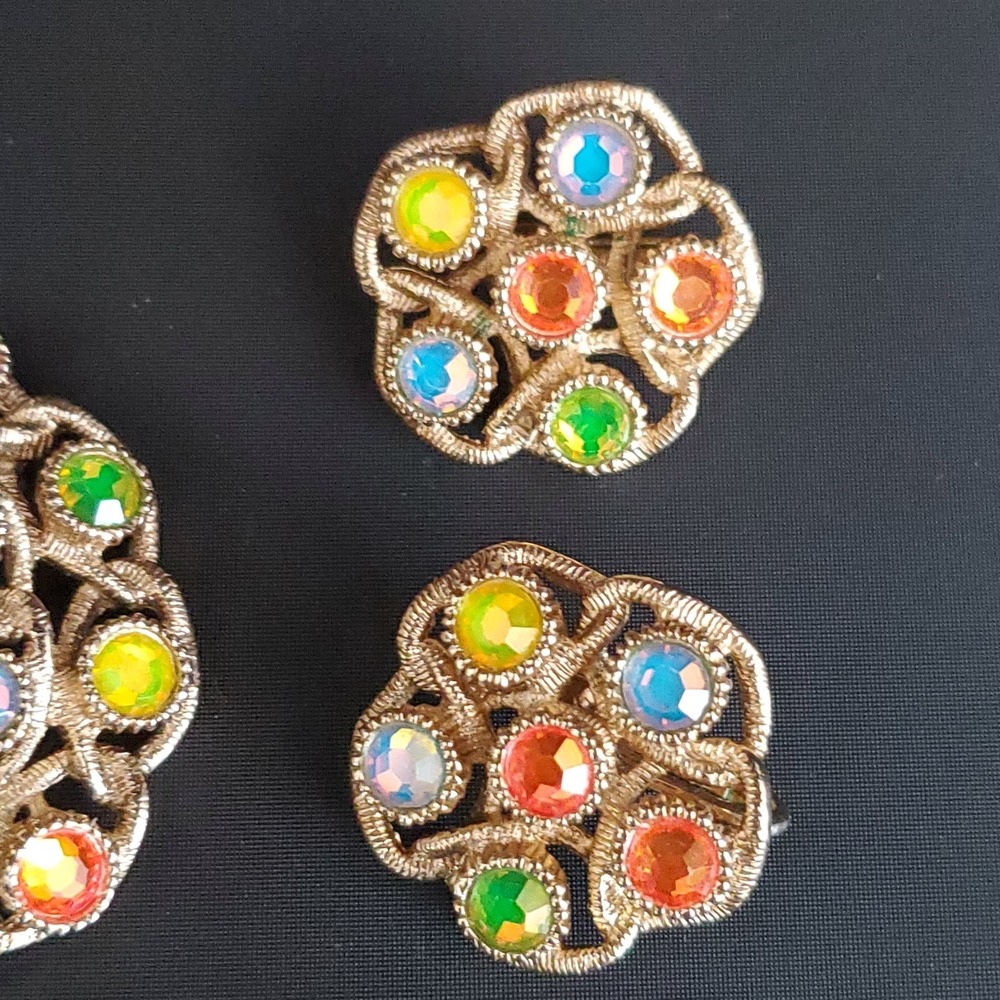 VTG SARAH COVENTRY "Moon Lites" Iridescent Rhinestone Brooch & Earrings Set 60's - Picture 4 of 8